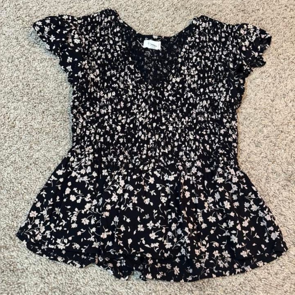 Floral Smocked Peplum Top - Black with Cream Floral